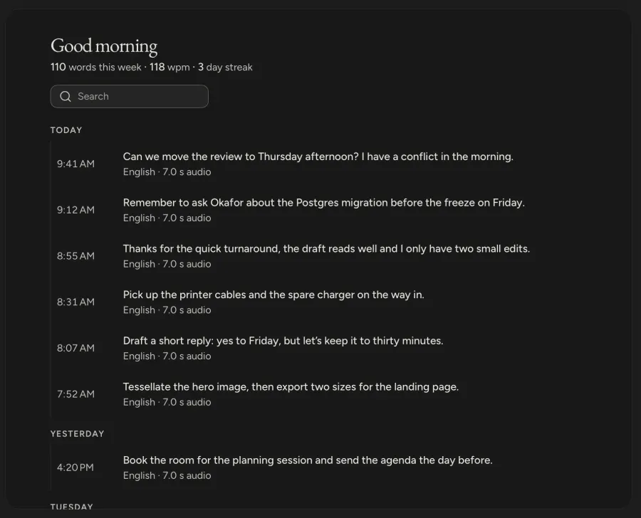 Home on Mac: your dictations listed by day